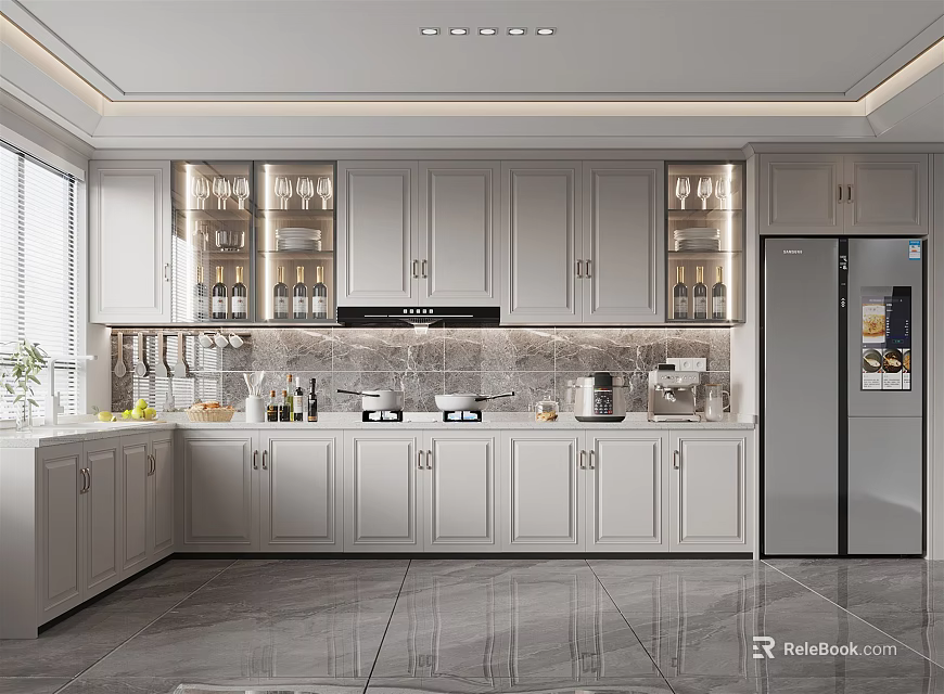 Modern Open Concept Kitchen Interior Design With White Cabinets And Marble Countertops 3d model