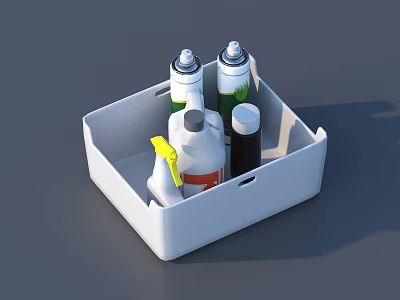 Hardware Tools Organized in White Storage Box with Multiple Spray Bottles 3d model