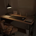 Wooden Home Office Desk With Table Lamp Notebook Mouse Pad And Leather Chair