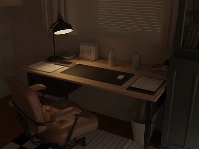 Wooden Home Office Desk With Table Lamp Notebook Mouse Pad And Leather Chair 3d model