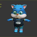Blue Cartoon Cat Character With Black T Shirt Fishbone Design And Blue Pants Shoes