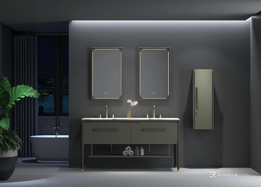 Modern Bathroom Vanity With Double Mirrors Double Sinks Storage And Potted Plant 3d model 
