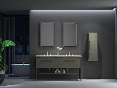 Modern Bathroom Vanity With Double Mirrors Double Sinks Storage And Potted Plant 3d model