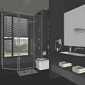 Modern Bathroom Interior With Glass Shower Black Vanity Mirrored Walls And Towels