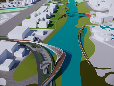 Modern Landscape Bridge Design Connecting Urban Buildings Over River With Green Spaces 3d model