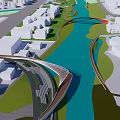 Modern Landscape Bridge Design Connecting Urban Buildings Over River With Green Spaces