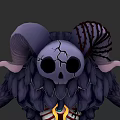 Mystical Game Movie Character With Skull Head Purple Horns And Black Feathers
