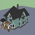 Single Family House With Light Blue Exterior Black Roof Chimney Porch And Stone Foundation
