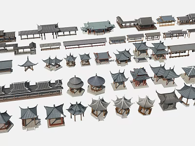 Traditional Chinese Architectural Models Featuring Various Roof Styles And Ancient Building Designs 3d model