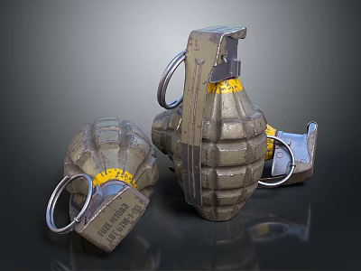 Gray Green Military Grenades With Yellow Stripes Metal Rings And Fuses 3d model