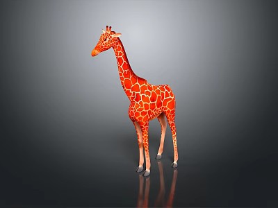 3D Red Giraffe Model with Red Spots in Standing Pose on Gray Background with Reflection 3d model
