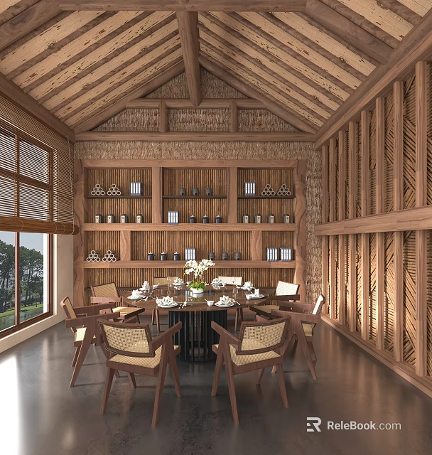 Rustic Restaurant Featuring Wooden Ceiling Walls Shelves Bottles Round Table Chairs Flowers Windows And View 3d model 