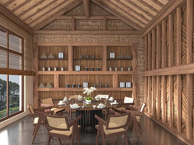 Rustic Restaurant Featuring Wooden Ceiling Walls Shelves Bottles Round Table Chairs Flowers Windows And View 3d model