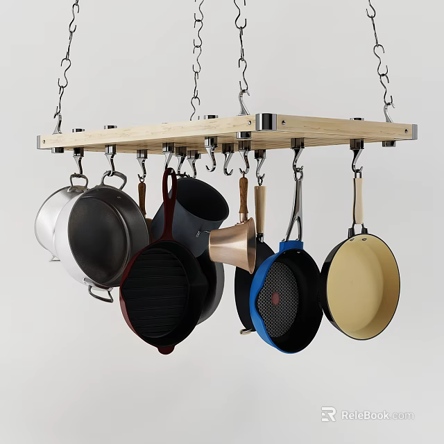 Hanging Wooden Rack With Various Kitchen Cookware Pans For Organized Cooking Space 3d model 
