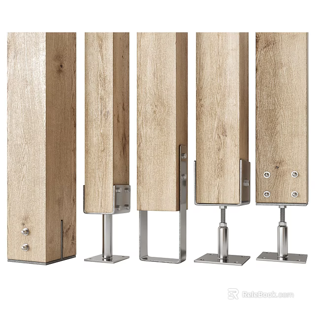 Natural Wooden Decorative Pillars With Metal Support Stands And Base Brackets 3d model 