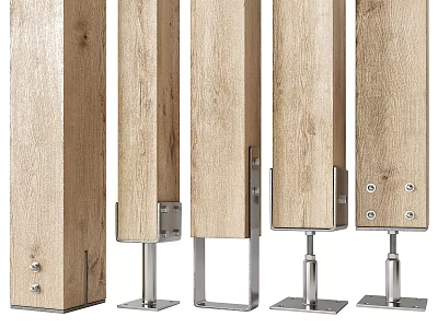 Natural Wooden Decorative Pillars With Metal Support Stands And Base Brackets 3d model