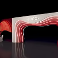 Modern Event Entrance With Red Wave Archway Logo And Banquet Table