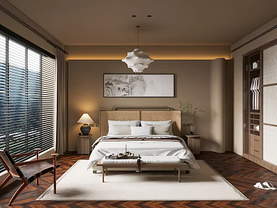 Modern Bedroom Interior With Bed Nightstands Table Lamps Pendant Light And Large Windows With Blinds 3d model