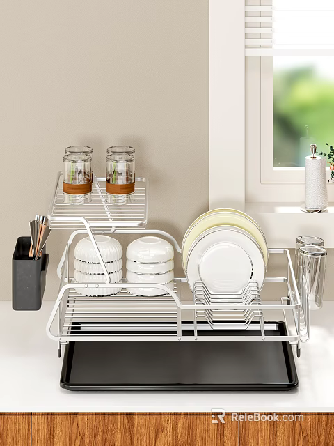 White Metal Dish Rack With Plates Glasses And Utensil Holder For Kitchen Organization 3d model 