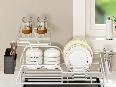 White Metal Dish Rack With Plates Glasses And Utensil Holder For Kitchen Organization 3d model