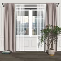 Elegant Brown Curtains With White Sheer For Window With City View And Indoor Plant