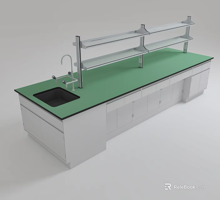 School Laboratory Workbench Featuring Green Countertop White Cabinets Metal Shelves Sink And Faucet 3d model 