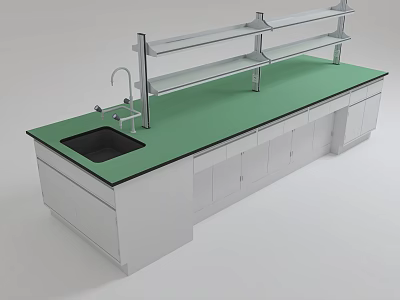 School Laboratory Workbench Featuring Green Countertop White Cabinets Metal Shelves Sink And Faucet 3d model