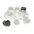 Modern Dining Table Set With Oval White Marble Top And Zebra Print Chairs