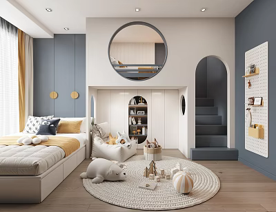 Blue And White Kids Room Interior Design With Round Mirror Stairs And Toy Storage Rug 3d model