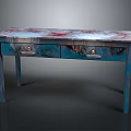 Vintage Blue Console Table With Marbled Red Blue Top And Metal Handles