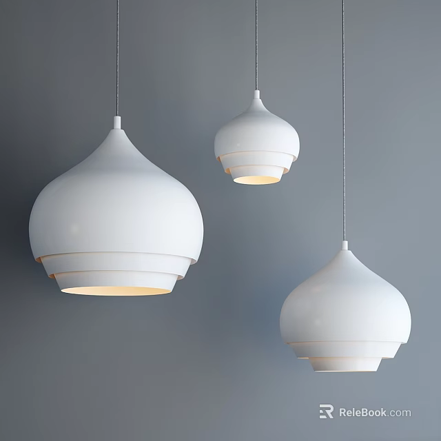 White Modern Pendant Lights With Domed Shape Hanging On Gray Wall Background 3d model