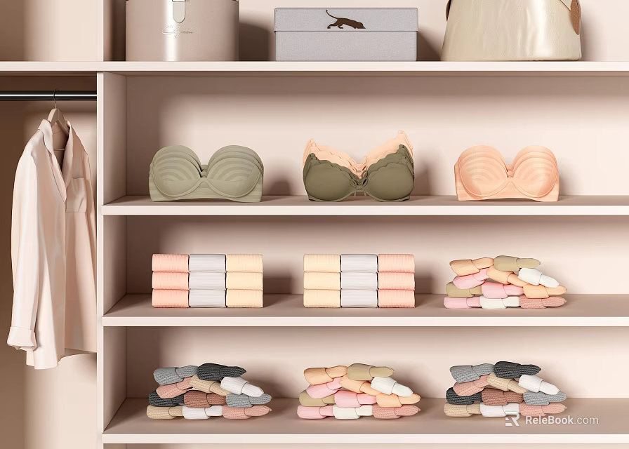 Neatly Arranged Clothes in Wardrobe Shelves with Hanging Shirts Folded Lingerie and Colorful Garments 3d model 