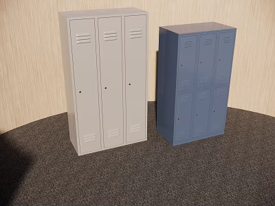 White And Blue Steel Lockers With Multiple Compartments Indoor Setting 3d model