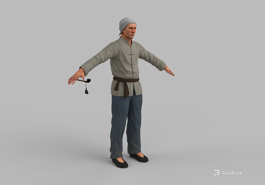Man Wearing Gray Headscarf Gray Chinese Top Brown Belt Blue Pants Black Shoes Arms Outstretched 3d model 