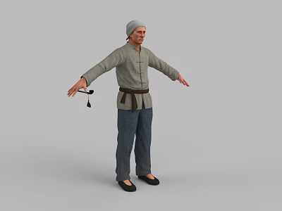 Man Wearing Gray Headscarf Gray Chinese Top Brown Belt Blue Pants Black Shoes Arms Outstretched 3d model