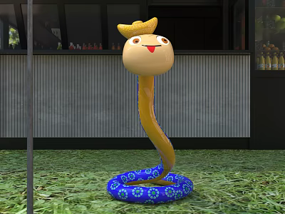 Cartoon Reptile Snake With Yellow Hat Smiling Face On Blue Patterned Circular Grass Base 3d model