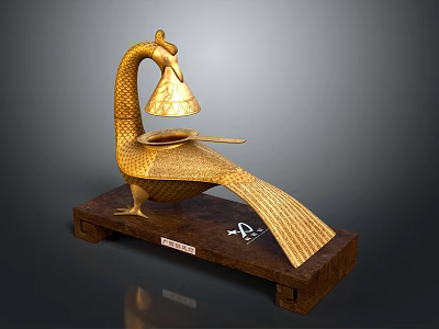 Golden Peacock Sculpture With Bell Head Tail And Wooden Base 3d model