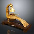 Golden Peacock Sculpture With Bell Head Tail And Wooden Base