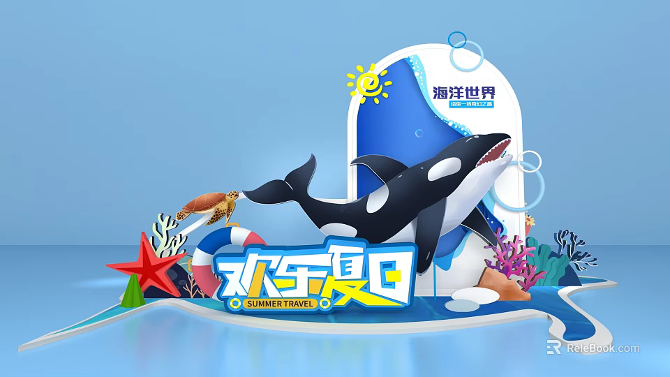 Ocean World Fun Summer Event With Orca Starfish Coral Lifebuoy And Sun 3d model 