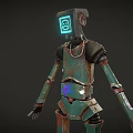 Green Rusted Robot With Blue Head Logo And Blue Star On Mechanical Body