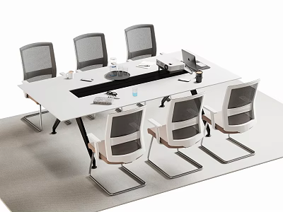 Modern Office Meeting Table With Six Ergonomic Mesh Back Chairs And Laptop On White Surface 3d model