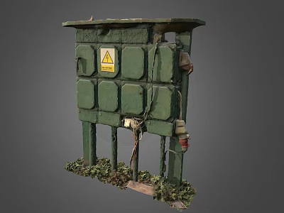 Industrial Green Electrical Control Equipment Outdoor With Warning Sign Support Legs And Weeds 3d model