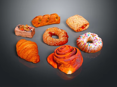 Assorted Fresh Baked Pastries Including Croissant Cinnamon Roll Donut And Nut Loaf 3d model