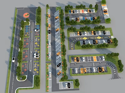 Efficient Road Infrastructure Layout With Multiple Parking Lots Lanes And Green Belts 3d model