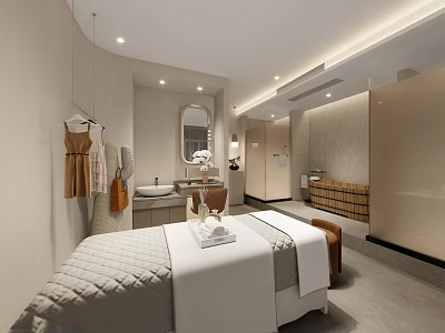 Modern Beauty Hair Salon Interior With Cozy Treatment Bed Vanity Mirror And Hanging Robe 3d model