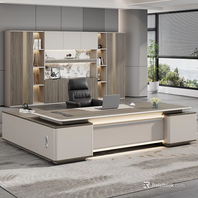 Modern Luxury Executive Office Desk With Built In Ambient Lighting And Matching Tall Storage Cabinet 3d model 