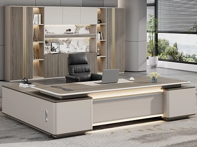 Modern Luxury Executive Office Desk With Built In Ambient Lighting And Matching Tall Storage Cabinet 3d model