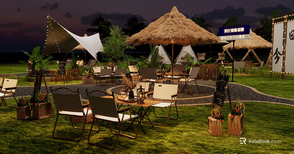 Garden Landscape With Thatched Umbrellas Outdoor Dining Tables Chairs Green Lawn And Wooden Decorations 3d model 
