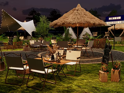 Garden Landscape With Thatched Umbrellas Outdoor Dining Tables Chairs Green Lawn And Wooden Decorations 3d model