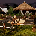 Garden Landscape With Thatched Umbrellas Outdoor Dining Tables Chairs Green Lawn And Wooden Decorations